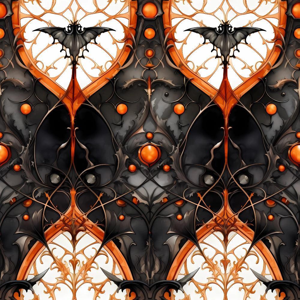 Gothic Halloween Pattern 11 Quilting Cotton Fabric featuring black bats, orange accents, intricate vintage swirls, ornamental design, dark and spooky theme, cotton textile, quilting material, Halloween decor fabric, premium cotton cloth, elegant baroque style, contrasting black and orange colors, decorative quilting fabric.