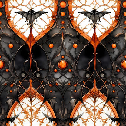 Gothic Halloween Pattern 11 Quilting Cotton Fabric featuring black bats, orange accents, intricate vintage swirls, ornamental design, dark and spooky theme, cotton textile, quilting material, Halloween decor fabric, premium cotton cloth, elegant baroque style, contrasting black and orange colors, decorative quilting fabric.