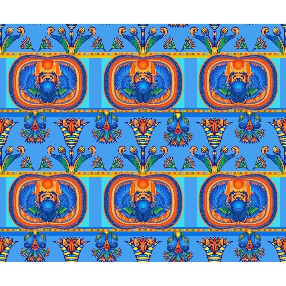 Egyptian Hieroglyphs Pattern 5 Quilting Cotton Fabric, blue background, orange sun motifs, scarab beetle symbols, floral designs, colorful, vibrant textile, traditional Egyptian art, quilting material, cotton textile, repeating pattern, decorative fabric, bright colors, ornamental design