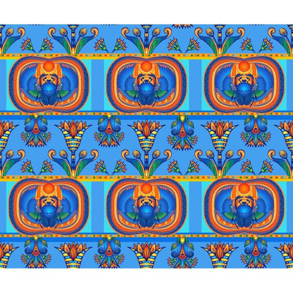 Egyptian Hieroglyphs Pattern 5 Quilting Cotton Fabric, blue background, orange sun motifs, scarab beetle symbols, floral designs, colorful, vibrant textile, traditional Egyptian art, quilting material, cotton textile, repeating pattern, decorative fabric, bright colors, ornamental design