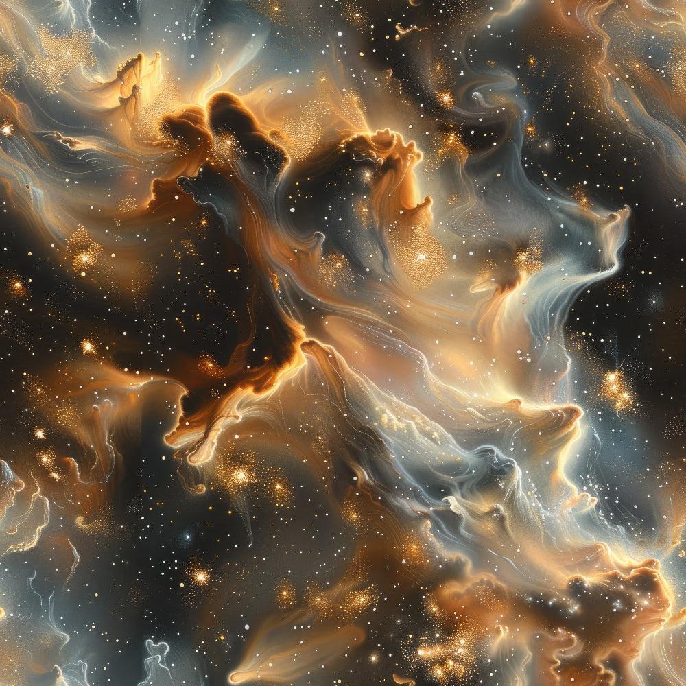 Endless Night Pattern 1 Quilting Cotton Fabric featuring swirling abstract clouds, cosmic design, black, gold, bronze, blue, starry details, celestial motif, premium quilting cotton textile, soft texture, artistic fabric print, USA made.
