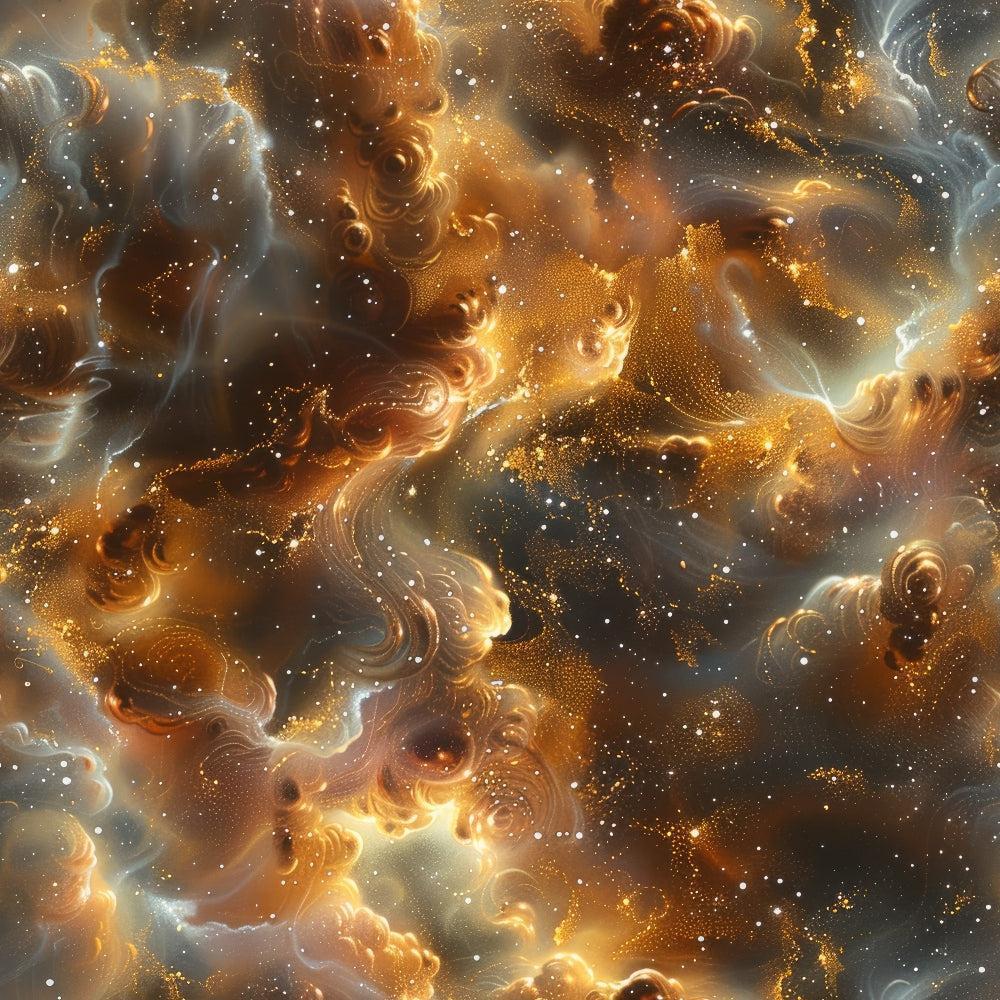 Endless Night Pattern 7 Quilting Cotton Fabric featuring abstract swirls, cosmic design, brown, gold, black, gray, textured appearance, celestial motif, quilting, cotton textile, premium cotton material, artistic fabric yardage.