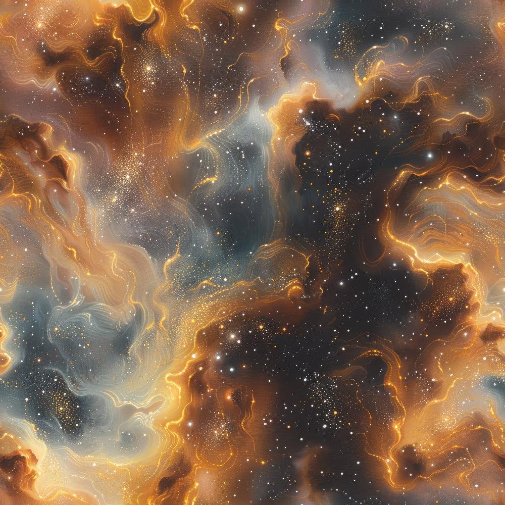 cosmic nebula, golden swirls, deep blue, amber tones, starfield, celestial clouds, space theme, flowing patterns, luminous effects, quilting cotton, fabric panel, astronomical design, ethereal wisps, galaxy motif, shimmering stars, cosmic dust, heavenlyscape, mystical atmosphere, night sky, celestial bodies