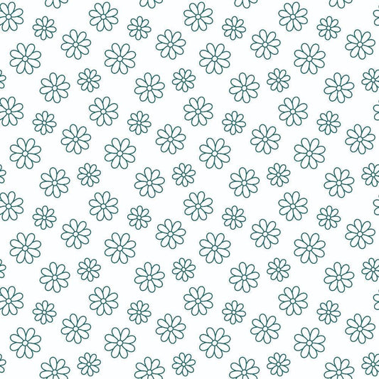 Teal Daisies Outline Quilting Cotton Fabric, quilting, cotton, fabric, teal, daisy, floral, outline, white background, seamless, textile, material, craft, sewing, home decor, soft, premium, traditional, print