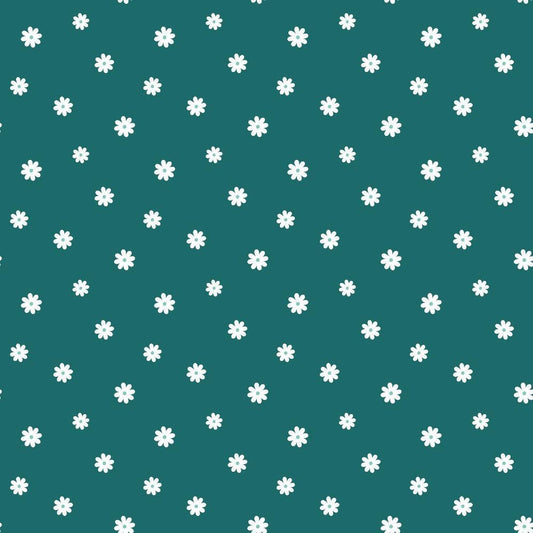 Tiny Daisies on Teal Quilting Cotton Fabric, teal background, white daisy pattern, small floral design, cotton textile, quilting material, premium cotton fabric, floral print fabric, soft texture, craft fabric, sewing fabric material, delicate flowers on fabric, natural cotton textile, American made fabric