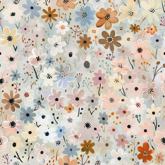 Abstract Meadow Flowers Pattern 1 Quilting Cotton Fabric featuring soft pastel colors, floral design, meadow blossoms, delicate petals, springtime motifs, vintage style, garden-inspired print, muted tones, lightweight textile, quilting material, cotton cloth, craft fabric.