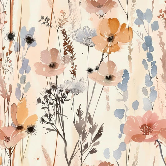 abstract flowers, meadow pattern, watercolor style, soft pastels, peach blooms, blue florals, coral flowers, cream background, botanical design, wildflower meadow, delicate stems, artistic florals, quilting cotton, fabric panel, dreamy aesthetic, nature inspired, flowing composition, gentle colors, organic shapes, contemporary floral