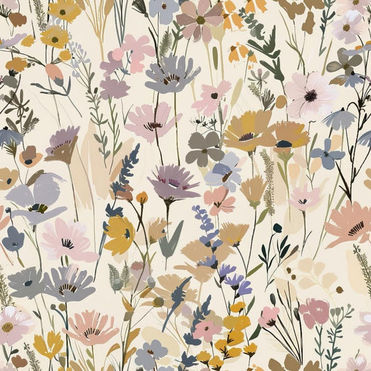 Abstract Meadow Flowers Pattern 4 Quilting Cotton Fabric featuring floral design, wildflowers, meadow, pastel colors, beige, blush pink, muted purple, mustard yellow, sage green, soft texture, natural motifs, cotton material, quilting fabric, smooth finish, delicate blooms, botanical print, handcrafted style.