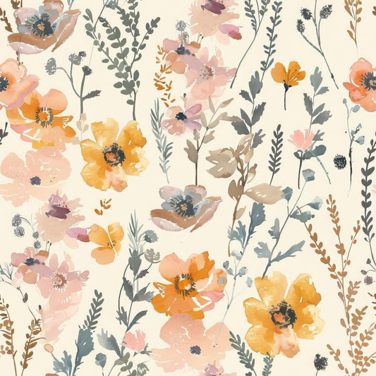 Abstract Meadow Flowers Pattern 5 Quilting Cotton Fabric with floral design, meadow blossoms, wildflowers, pastel colors, orange, peach, pink, blue-gray foliage, delicate stems, vintage style, soft texture, natural theme, botanical print, textile material, quilting fabric, cotton fabric, premium fabric.