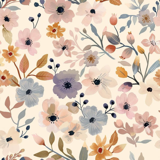 Abstract Meadow Flowers Pattern 6 Quilting Cotton Fabric with floral design, meadow flowers, pastel colors, soft pink, muted orange, pale blue, beige background, vintage style, botanical, natural elements, cotton textile, quilting material, craft fabric, home sewing, floral print, delicate leaves, artistic pattern, handmade projects, USA made fabric.