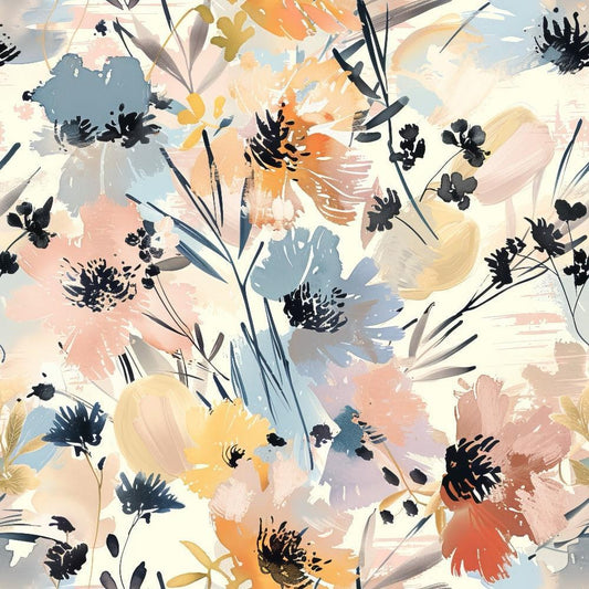 Abstract Meadow Flowers Pattern 8 Quilting Cotton Fabric featuring multicolor floral design, pastel tones, brushstroke style, meadow blossoms, soft texture, cotton material, quilting fabric, beige, peach, blue, yellow, black accents, artistic floral print, nature-inspired textile, premium quilting cotton yardage.