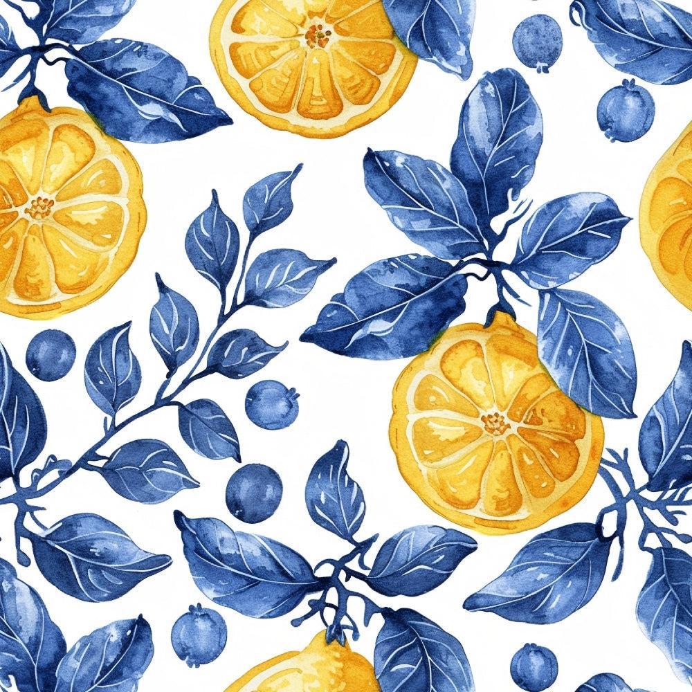 Azulejo Lemons with Blue Leaves Pattern 10 Quilting Cotton Fabric featuring yellow citrus fruits, navy blue leaves, white background, floral design, botanical print, vibrant colors, natural theme, premium cotton textile, quilting material, decorative fabric.