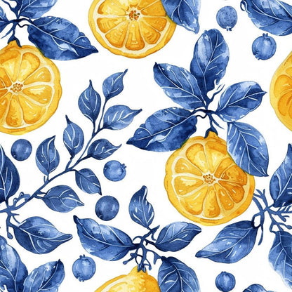 Azulejo Lemons with Blue Leaves Pattern 10 Quilting Cotton Fabric featuring yellow citrus fruits, navy blue leaves, white background, floral design, botanical print, vibrant colors, natural theme, premium cotton textile, quilting material, decorative fabric.