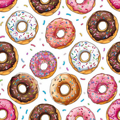 Sprinkle Donuts Pattern 1 Quilting Cotton Fabric, colorful, vibrant, white background, pink, chocolate, vanilla donuts, multicolor sprinkles, repeating design, premium quilting cotton, soft texture, playful, fun, confectionery print, sewing material, craft fabric, cotton textile