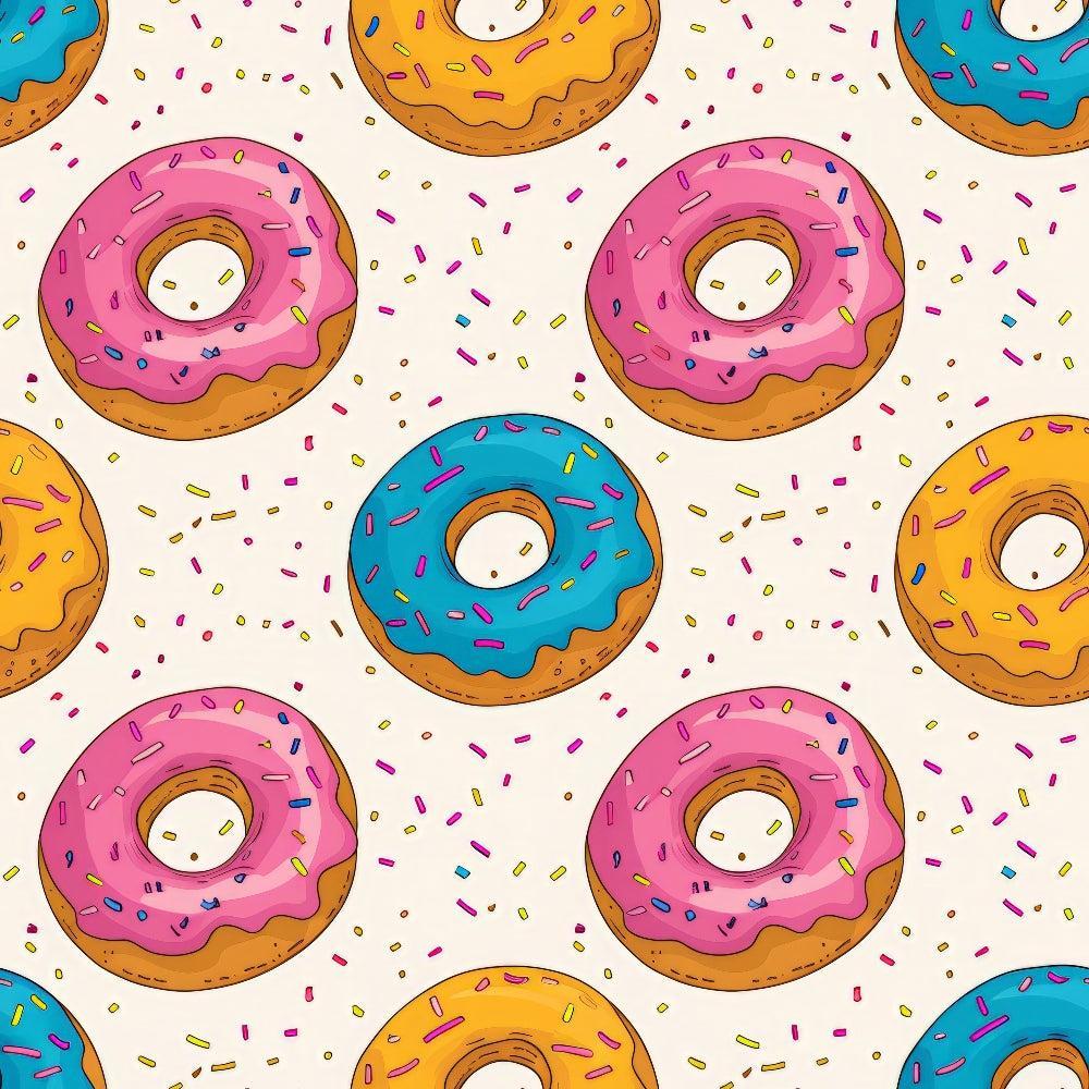 Sprinkle Donuts Pattern 2 Quilting Cotton Fabric, colorful donuts, pink frosting, blue frosting, yellow frosting, multicolor sprinkles, white background, sweet design, quilting cotton, fabric yardage, cotton textile, craft material, sewing fabric, dessert motif, playful pattern, premium cotton fabric.