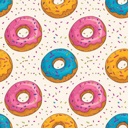 Sprinkle Donuts Pattern 2 Quilting Cotton Fabric, colorful donuts, pink frosting, blue frosting, yellow frosting, multicolor sprinkles, white background, sweet design, quilting cotton, fabric yardage, cotton textile, craft material, sewing fabric, dessert motif, playful pattern, premium cotton fabric.