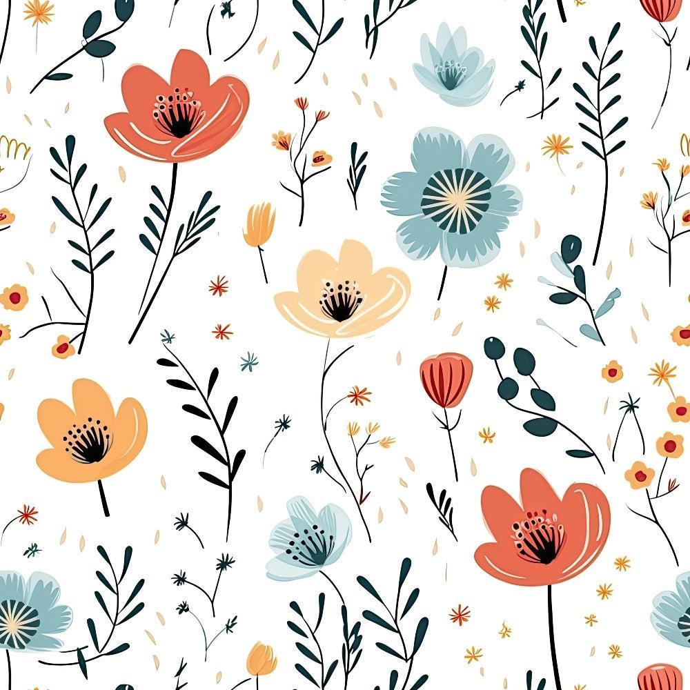 Minimalist Boho Flowers Pattern 9 Quilting Cotton Fabric featuring floral design, orange, blue, beige, and black colors, delicate stems, leaves, and buds, spring inspired, soft texture, natural motifs, quilting cotton fabric, bohemian style, lightweight textile, artistic print, craft fabric.