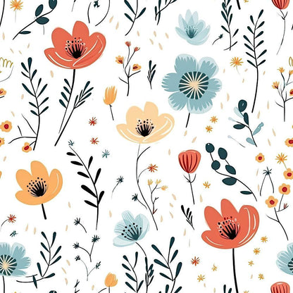Minimalist Boho Flowers Pattern 9 Quilting Cotton Fabric featuring floral design, orange, blue, beige, and black colors, delicate stems, leaves, and buds, spring inspired, soft texture, natural motifs, quilting cotton fabric, bohemian style, lightweight textile, artistic print, craft fabric.