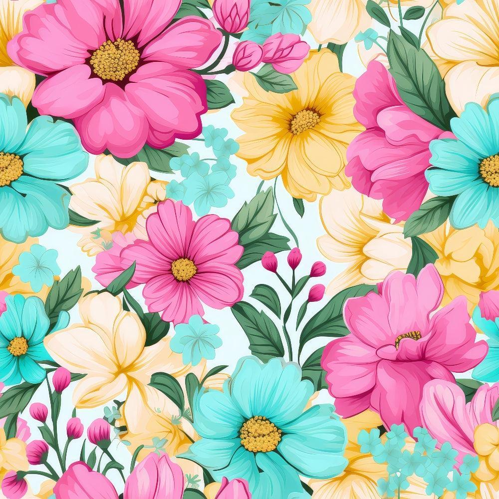 - Bright Summer Blooming Flowers 5 Quilting Cotton Fabric  
- colorful floral design  
- pink, yellow, turquoise flowers  
- green leaves foliage  
- fabric texture cotton textile  
- quilting material yardage  
- vibrant soft smooth finish