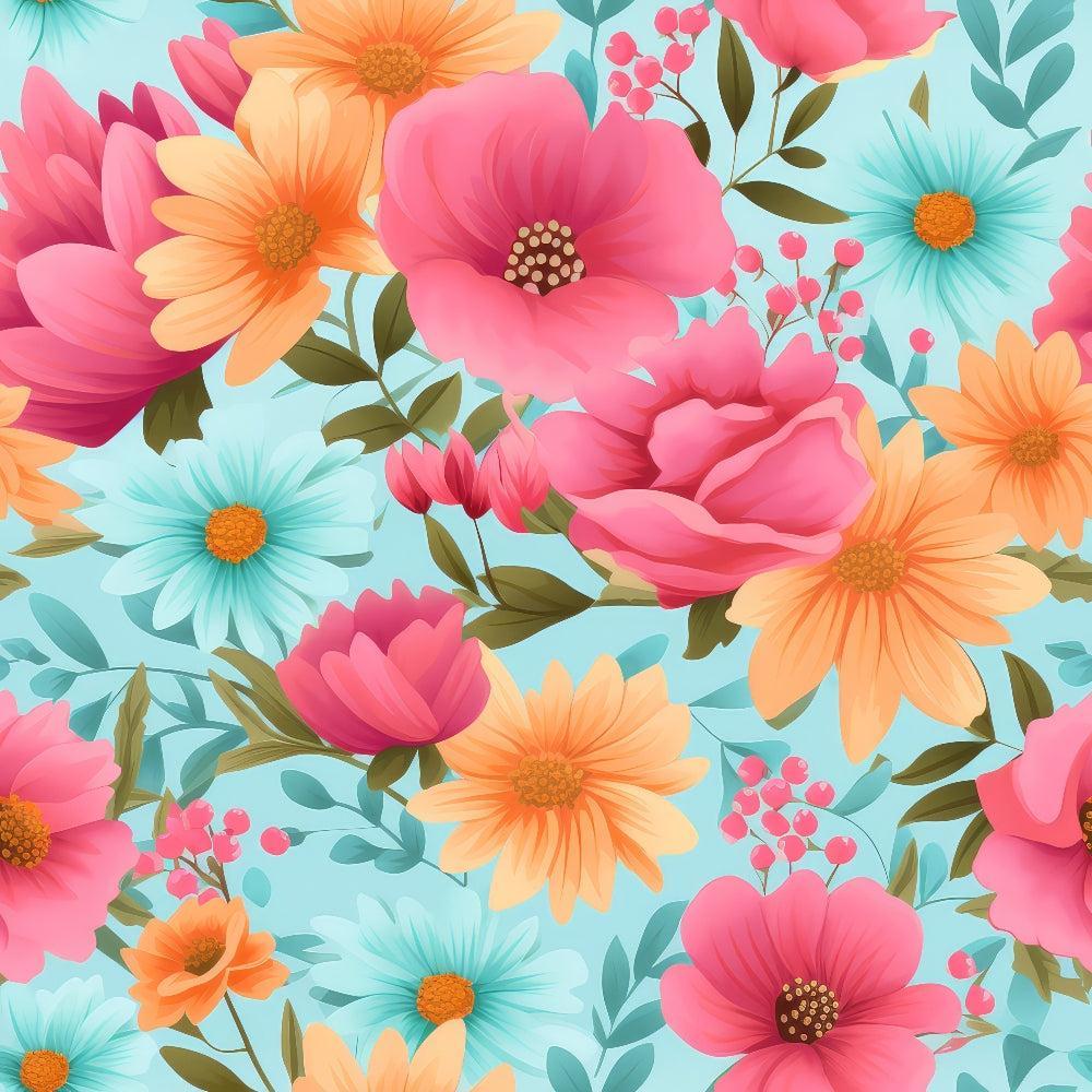 Bright Summer Blooming Flowers 8 Quilting Cotton Fabric featuring floral pattern, pink flowers, orange blooms, turquoise petals, green leaves, nature-inspired, vibrant colors, cotton textile, quilting material, floral design, summery print, soft fabric, decorative quilting cotton.