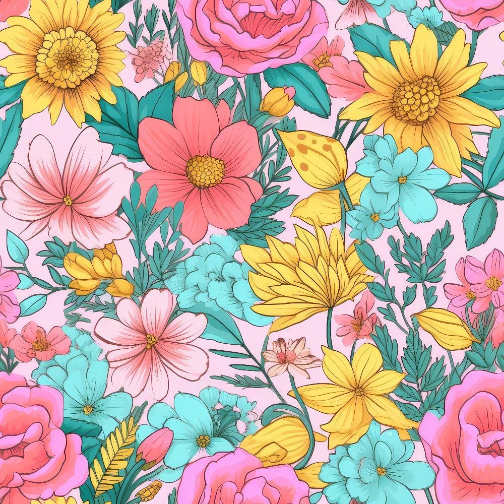 Bright Summer Blooming Flowers 9 Quilting Cotton Fabric, floral design, colorful flowers, pink, yellow, coral, teal, green leaves, botanical print, quilting material, cotton textile, summer theme, vibrant, decorative fabric.