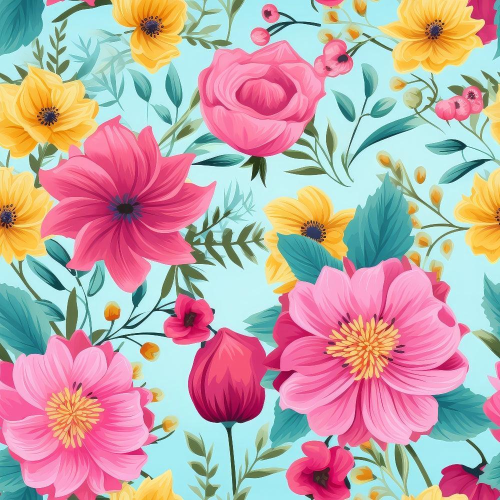 Bright Summer Blooming Flowers 11 Quilting Cotton Fabric featuring vibrant pink, yellow, and red flowers with green leaves on a light blue background, floral pattern, spring design, premium quilting cotton material, colorful garden-inspired fabric yardage.
