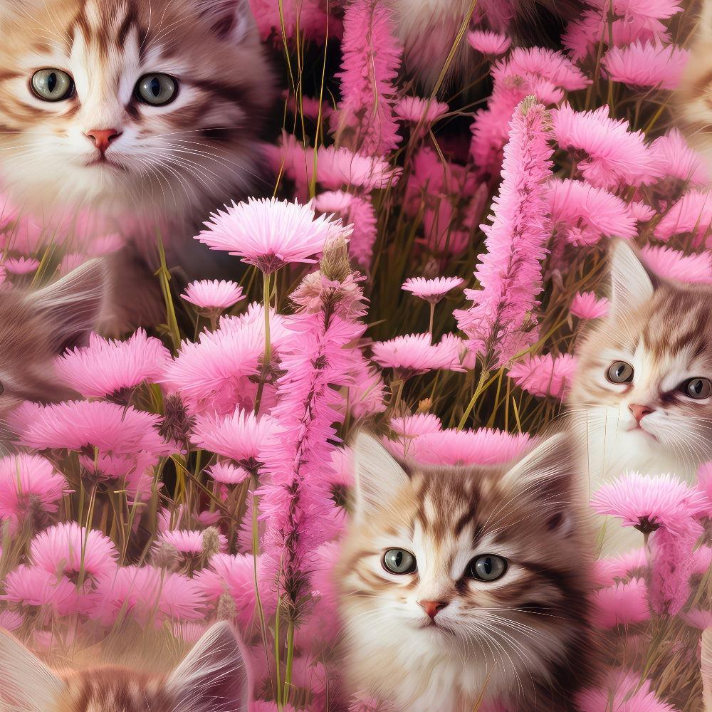 Kittens in Wildflowers Pattern 2 Quilting Cotton Fabric featuring soft brown and white kittens among vibrant pink wildflowers, floral print, nature-inspired, cute animals, cozy textile design, premium quilting cotton material.