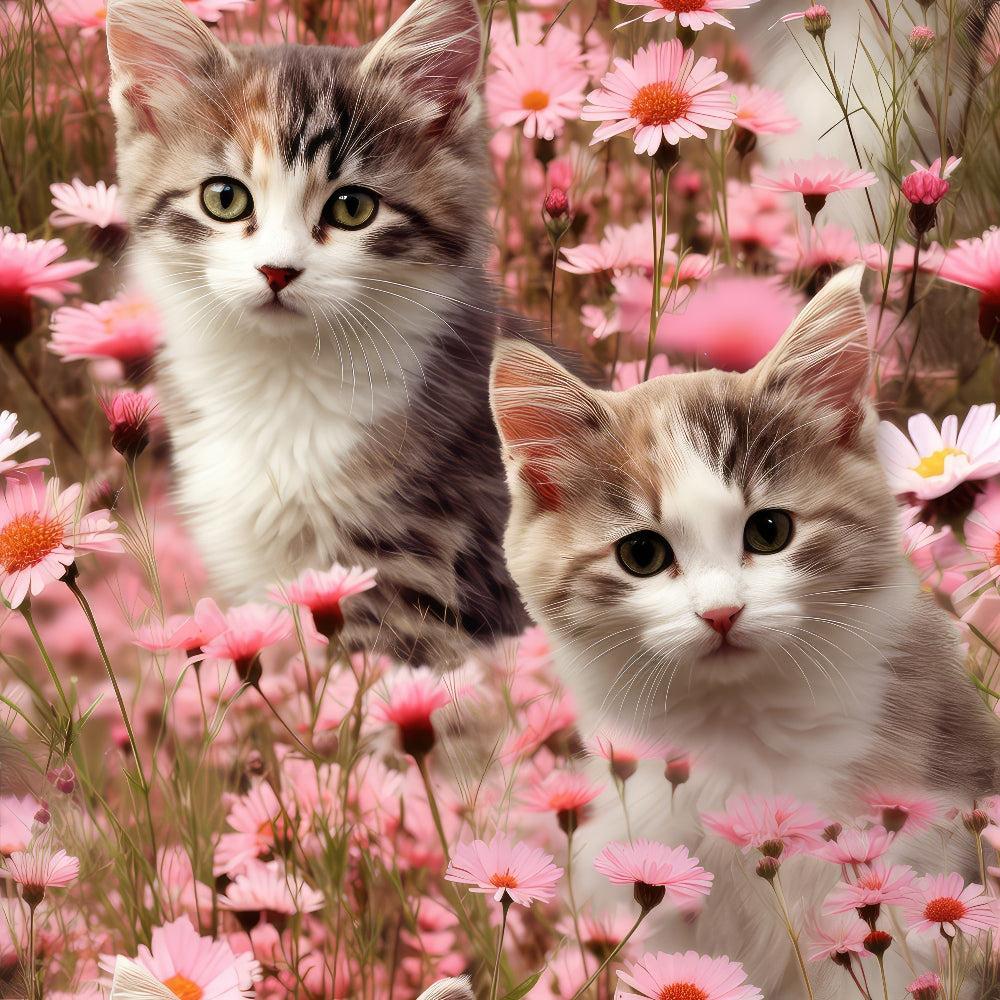 Kittens in Wildflowers Pattern 5 Quilting Cotton Fabric, cotton textile, quilting material, kittens, cats, floral design, pink flowers, wildflower print, soft fabric, pastel colors, natural theme, animal motif, craft fabric, sewing cotton, fabric yardage, premium quilting cotton, delicate pattern, nature-inspired fabric, craft material