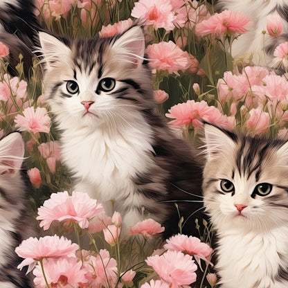 Kittens in Wildflowers Pattern 7 Quilting Cotton Fabric, cotton textile, quilting material, kittens, gray tabby cats, pink wildflowers, floral design, soft fabric, decorative print, premium cotton, white and brown fur, nature-inspired pattern, crafting fabric, sewing material, pastel colors, gentle texture