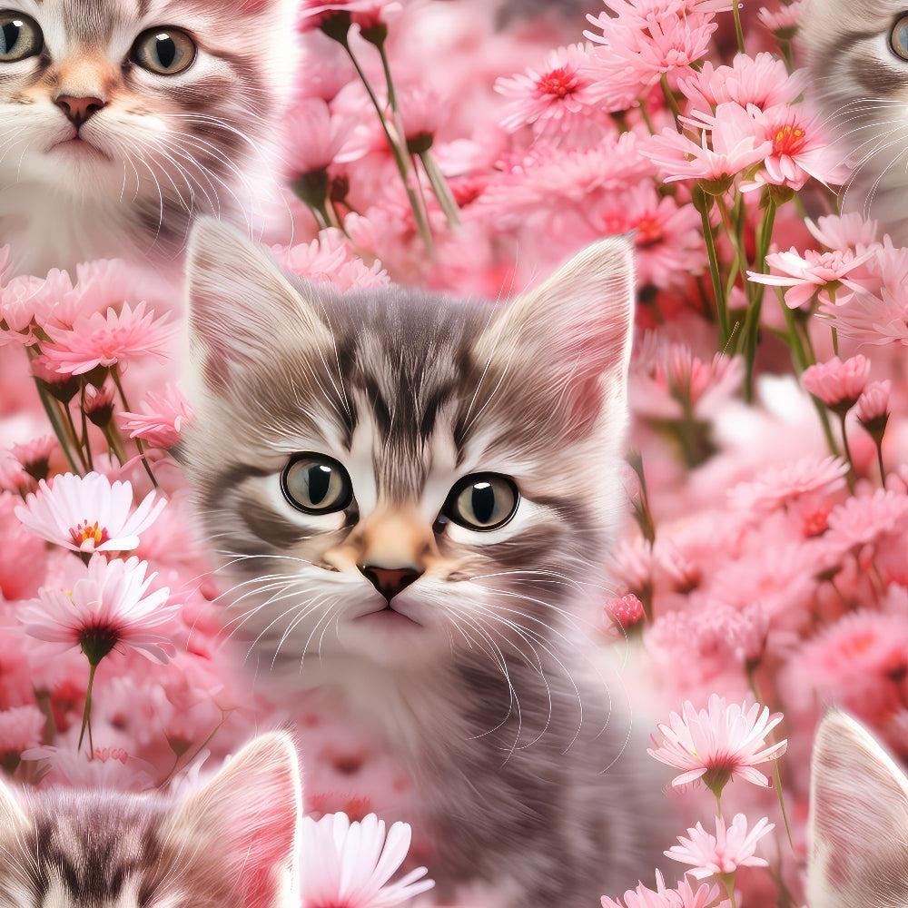 Kittens in Wildflowers Pattern 10 Quilting Cotton Fabric featuring gray tabby kittens, pink daisies, floral design, cotton textile, quilting material, soft fabric, pet-themed print, pink and gray colors, nature-inspired pattern, craft fabric for quilting projects.