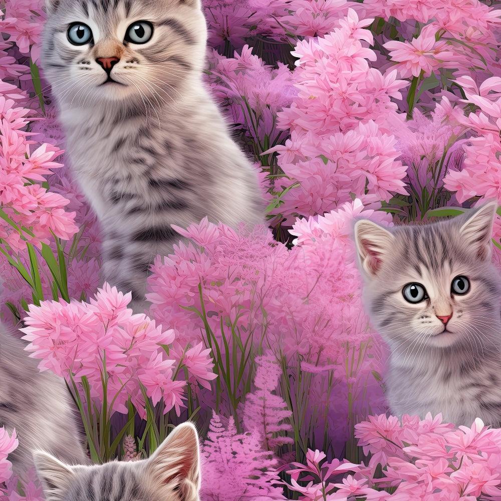 Kittens in Wildflowers Pattern 12 Quilting Cotton Fabric featuring gray tabby kittens with blue eyes amidst pink and purple wildflowers, floral design, soft texture, cotton material, quilting fabric, nature-inspired pattern, pastel colors, playful, charming, detailed illustration, premium fabric quality.
