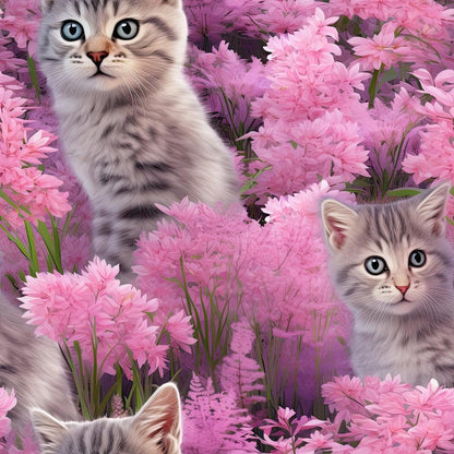 Kittens in Wildflowers Pattern 12 Quilting Cotton Fabric featuring gray tabby kittens with blue eyes amidst pink and purple wildflowers, floral design, soft texture, cotton material, quilting fabric, nature-inspired pattern, pastel colors, playful, charming, detailed illustration, premium fabric quality.