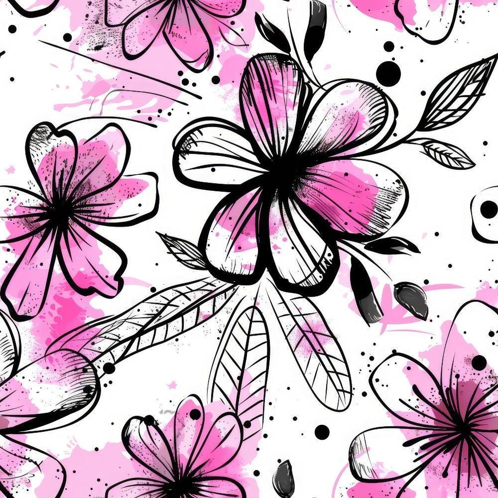Inky Petals Pattern 4 Quilting Cotton Fabric showing floral design, black outlines, pink accents, white background, flowers, leaves, blossoms, petals, artistic, abstract, textile, sewing, crafting, quilting cotton fabric, premium fabric, traditional print.