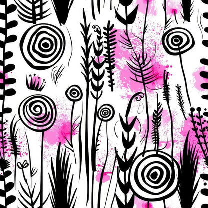 Inky Petals Pattern 10 Quilting Cotton Fabric, floral design, abstract flowers, black and white illustrations, pink splashes, botanical shapes, quilting fabric, cotton textile, artistic print, garden motif, handcrafted style, premium quilting cotton.