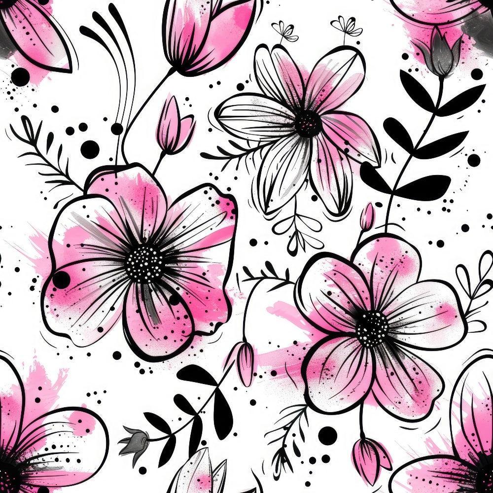 Inky Petals Pattern 11 Quilting Cotton Fabric - floral design, pink hues, black accents, white background, blossoms, petals, leaves, spring motif, textile, cotton material, quilting fabric, decorative print, delicate flowers, artistic pattern, fabric yardage, sewing material, crafting textile.