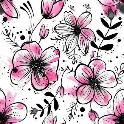 Inky Petals Pattern 11 Quilting Cotton Fabric - floral design, pink hues, black accents, white background, blossoms, petals, leaves, spring motif, textile, cotton material, quilting fabric, decorative print, delicate flowers, artistic pattern, fabric yardage, sewing material, crafting textile.