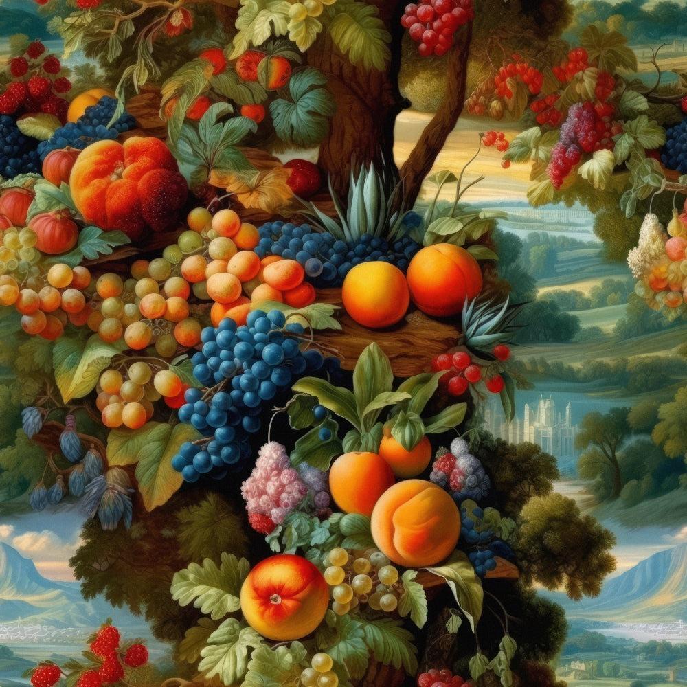 Fruits from Heaven Pattern 3 Quilting Cotton Fabric featuring colorful fruit clusters, peaches, grapes, leaves, nature-inspired print, rich autumn tones, green, orange, red, blue, detailed botanical design, soft cotton fabric, quilting material, vibrant textile pattern, premium quality cotton fabric.