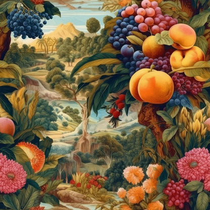 Fruits from Heaven Pattern 8 Quilting Cotton Fabric, vibrant peaches, grapes, berries, lush green leaves, floral elements, scenic landscape background, multicolor nature-inspired textile, vintage fruit design, quilting cotton, premium fabric, garden motif, rich detail, artistic fabric print