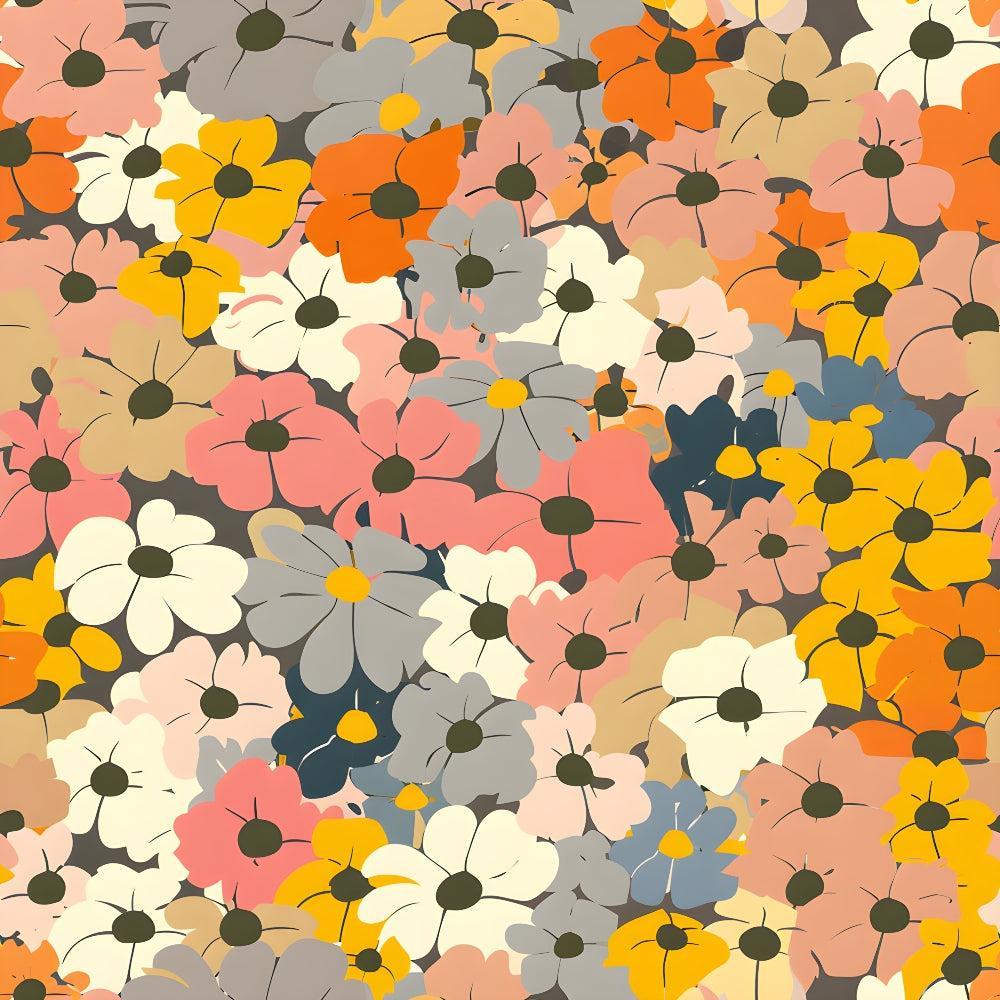 70s Retro Flowers Pattern 4 Quilting Cotton Fabric featuring floral design, retro style, orange, pink, beige, gray, white colors, vintage inspired, soft texture, quilting fabric, cotton textile, colorful blooms, artistic print, decorative fabric, classic flower motifs.
