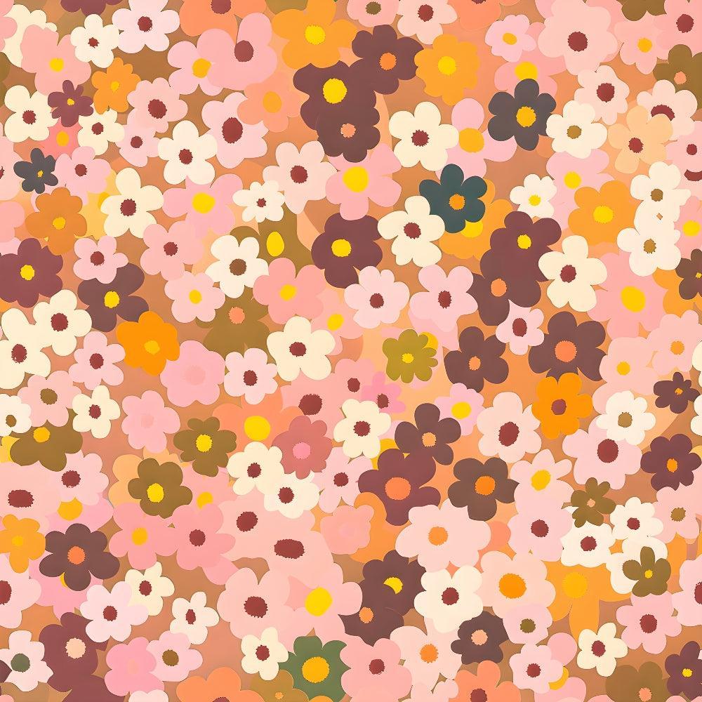 70s Retro Flowers Pattern 6 Quilting Cotton Fabric with vintage floral design, orange, pink, cream, brown, mustard colors, retro style, flower motifs, bloom print, classic quilting cotton textile, soft fabric, decorative yardage