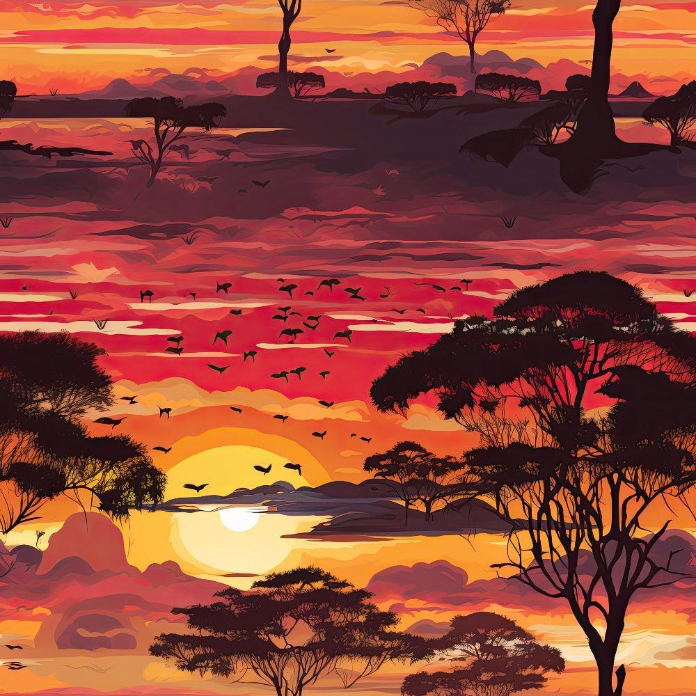African Safari Sunset Pattern 2 Quilting Cotton Fabric featuring orange, red, yellow, and black colors, sunset, silhouettes of trees, birds in flight, wilderness, nature, savannah landscape, quilting textile, cotton material, vibrant, traditional, premium fabric.