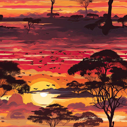 African Safari Sunset Pattern 2 Quilting Cotton Fabric featuring orange, red, yellow, and black colors, sunset, silhouettes of trees, birds in flight, wilderness, nature, savannah landscape, quilting textile, cotton material, vibrant, traditional, premium fabric.