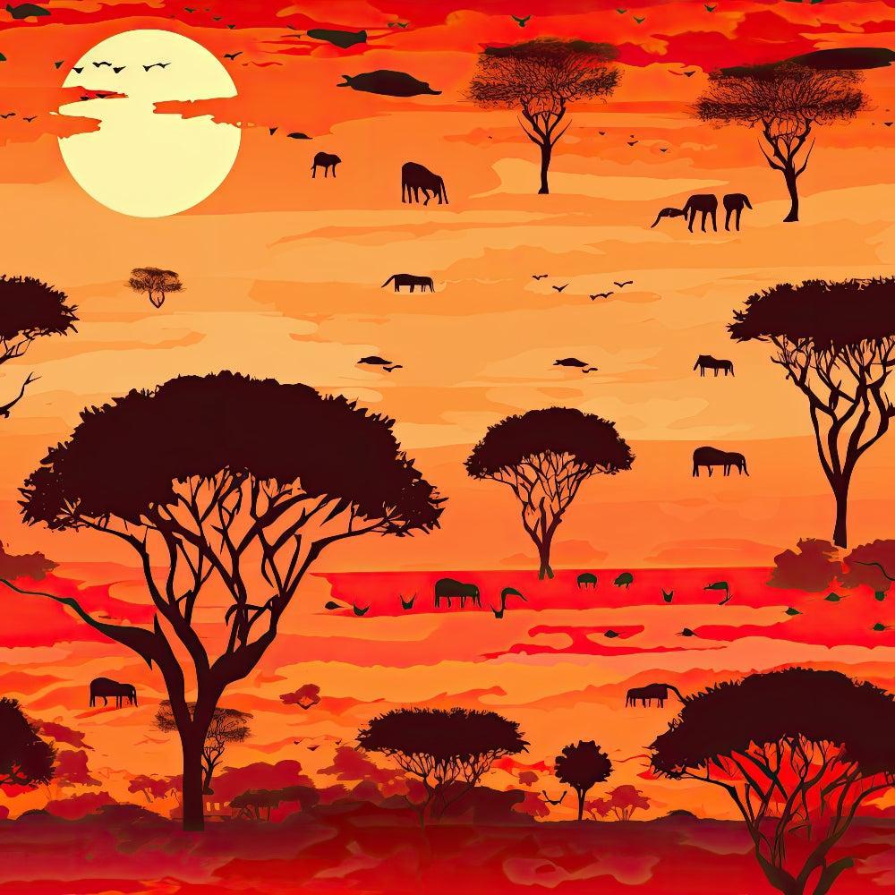 African Safari Sunset Pattern 4 Quilting Cotton Fabric featuring orange, red, yellow sunset hues, silhouettes of acacia trees, wild animals, savanna landscape, quilting material, cotton textile, vibrant colors, nature-inspired design, premium quilting cotton yardage.