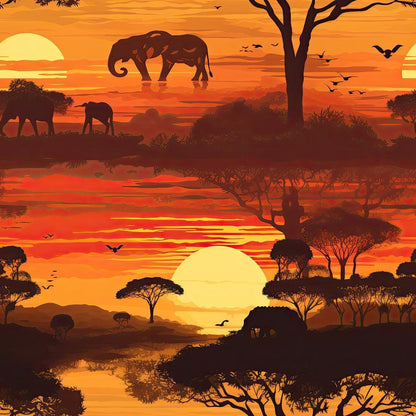 African Safari Sunset Pattern 5 Quilting Cotton Fabric featuring warm orange and yellow sunset hues, silhouetted elephants, giraffes, birds, and acacia trees, vibrant wildlife design, quilting cotton material, sunset landscape, scenic wildlife print, premium cotton textile for quilting projects.