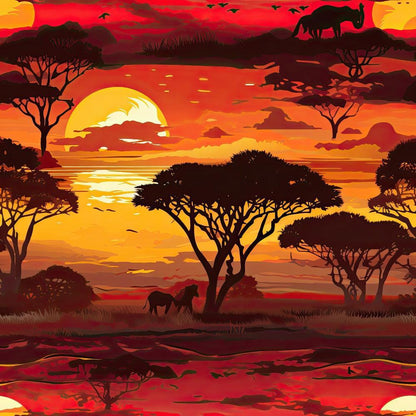 African Safari Sunset Pattern 6 Quilting Cotton Fabric featuring vibrant orange, red, and yellow hues, silhouettes of acacia trees, elephants, giraffes, and birds in a scenic sunset landscape, quilting material, textile, cotton cloth, nature-inspired design, wildlife motif, tropical savanna theme, bold colors, fabric for sewing and crafting.