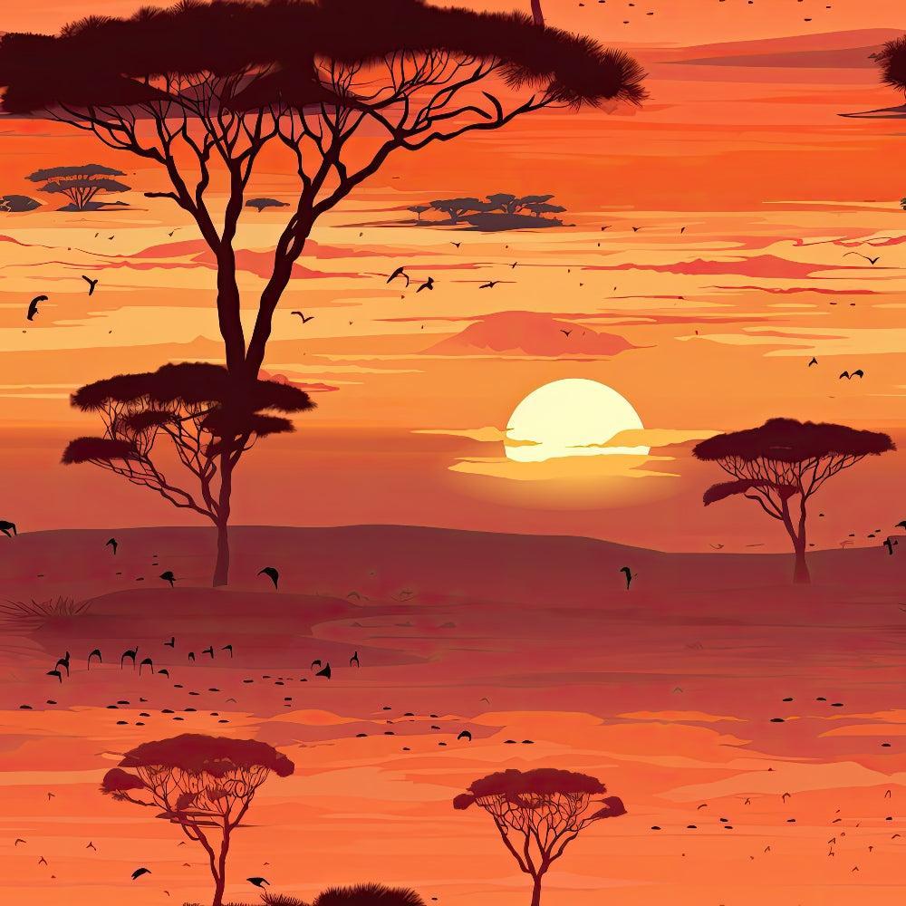 African Safari Sunset Pattern 9 Quilting Cotton Fabric featuring warm orange and red sunset colors, silhouetted acacia trees, birds in flight, savanna landscape, wildlife theme, cotton textile, quilting cotton material, vibrant sunset design, nature-inspired fabric, quilting fabric yardage