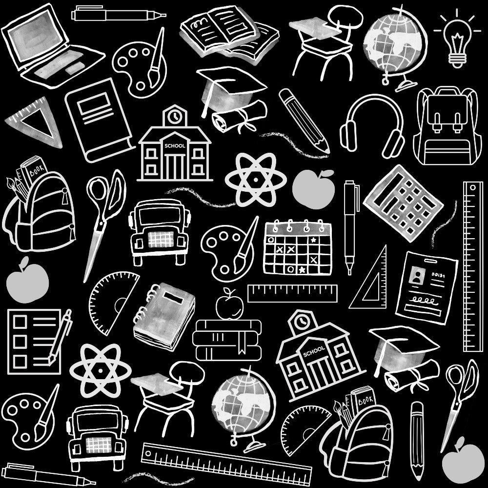 - Back To School Elements Pattern 2 Quilting Cotton Fabric  
- black background  
- white chalkboard style school icons  
- school supplies illustrations  
- backpacks, books, rulers, pens, scissors  
- globes, graduation caps, apples  
- educational theme  
- quilting cotton material  
- monochrome pattern  
- seamless design