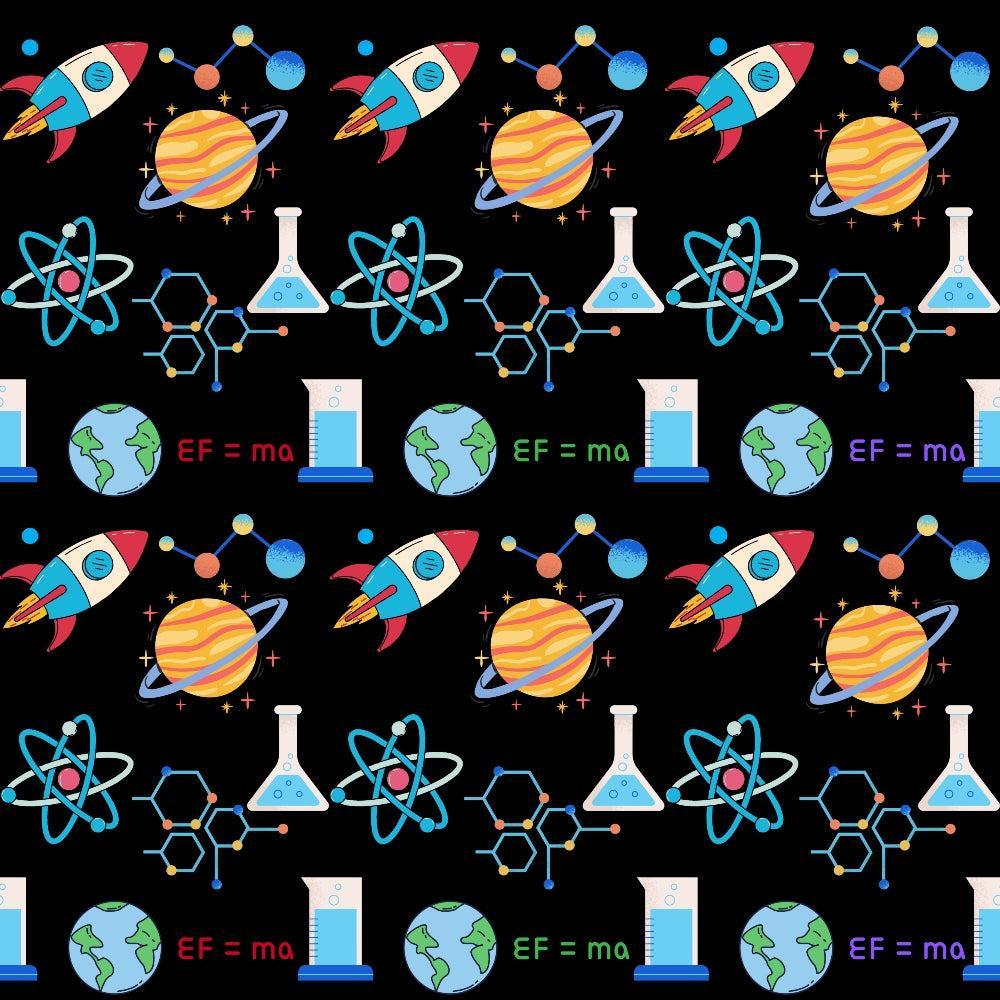 Back To School Elements Pattern 3 Quilting Cotton Fabric featuring rockets, planets, atoms, beakers, molecules, Earth, and science formulas on black background, colorful, educational, children’s theme, school supplies, novelty, science motifs, quilting material, cotton textile, craft fabric, fun print, vibrant colors.