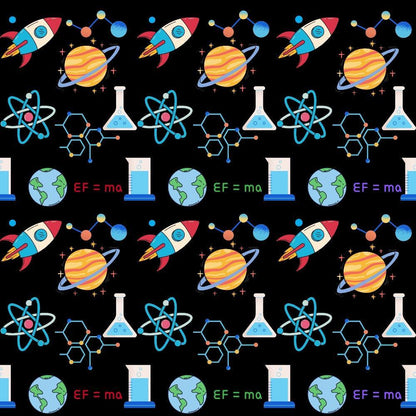 Back To School Elements Pattern 3 Quilting Cotton Fabric featuring rockets, planets, atoms, beakers, molecules, Earth, and science formulas on black background, colorful, educational, children’s theme, school supplies, novelty, science motifs, quilting material, cotton textile, craft fabric, fun print, vibrant colors.