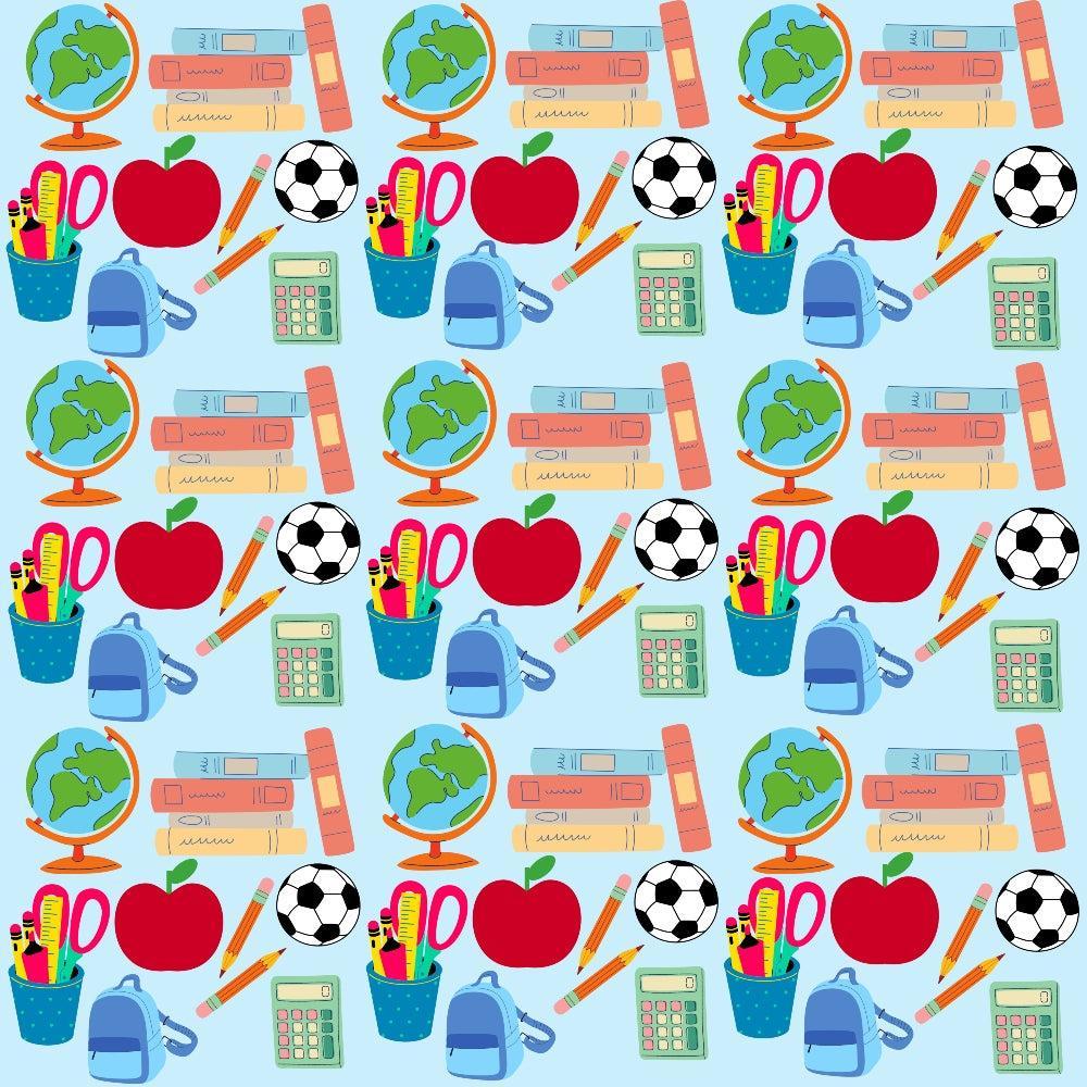 Back To School Elements Pattern 4 Quilting Cotton Fabric featuring colorful school supplies including red apples, blue backpacks, globes, books, pencils, scissors, calculators, and soccer balls on a light blue background, cotton textile, educational-themed, vibrant colors, quilting material, cotton yardage, playful design, fabric print.